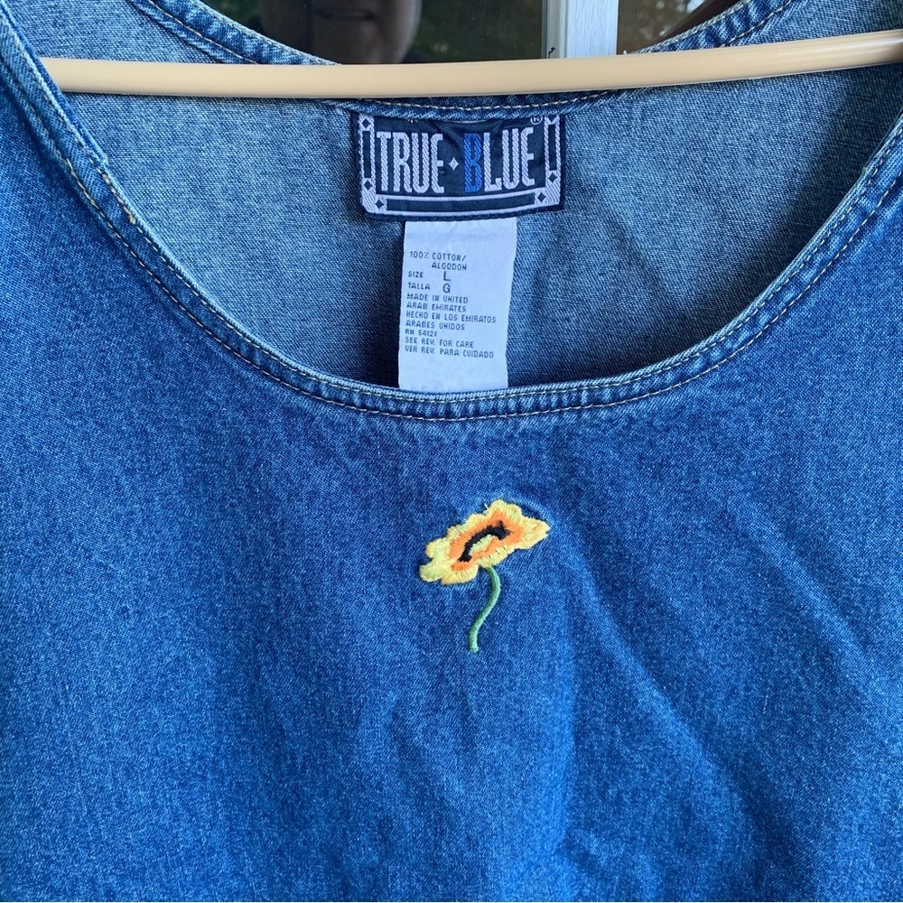Vintage Denim Embroidered Flowers Dress True Blue Size Large 90s Teacher - Picture 5 of 9